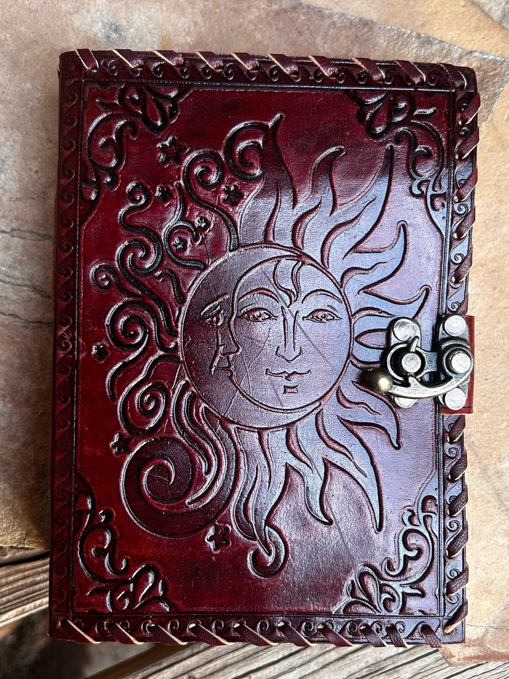 Handcrafted Sun & Moon Embossed Leather Journal - Deep Burgundy NWT